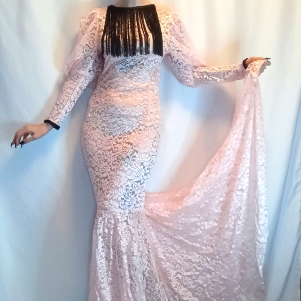 Peach Lace Mermaid Maxi Dress with Leg Of Mutton Sleeves.